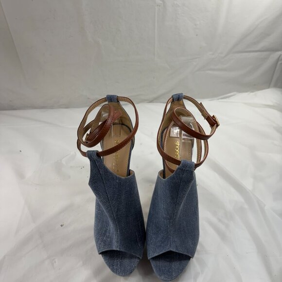 Shoe Dazzle Blue Denim Heels with Brown Strap - Picture 7 of 16